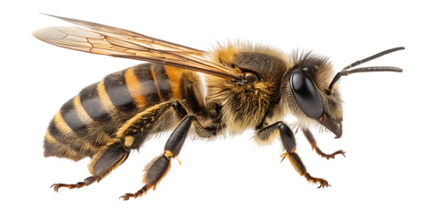 Captivating close-up reveals intricate details of a fuzzy honeybee's anatomy, perfect for nature projects