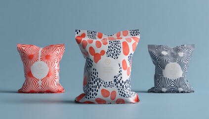 Three patterned pouches, center with large orange blobs and blue dots, others with red lines and blue/grey stripes, against a pale blue backdrop