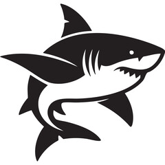 Black silhouette of a shark with sharp teeth and fins black and white marine life