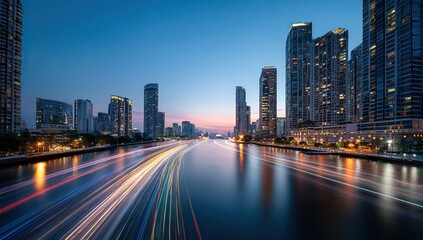 Cityscape at dusk with light trails and modern architecture