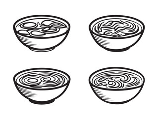 Tasty hot soup icon set in line art