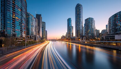 Obraz premium Melbourne cityscape at dusk with light trails and reflections