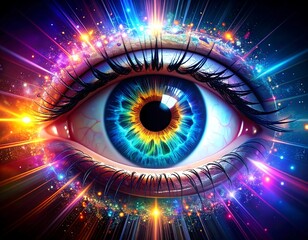 A vibrant, colorful eye radiating light and energy