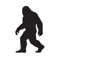 Black silhouette of a walking Bigfoot figure on a white background Sasquatch