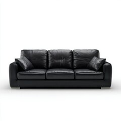Fototapeta premium A black leather sofa, representing a modern and comfortable piece of furniture