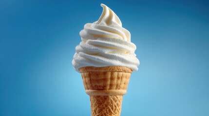 A delightful swirl of soft-serve vanilla ice cream sits atop a crispy waffle cone, creating a classic treat that is perfect for warm days. The bright blue background enhances the inviting appearance.