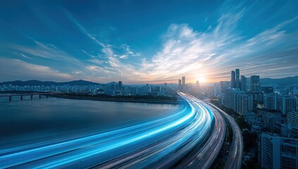 Cityscape highway light trails urban skyline sunset aerial view