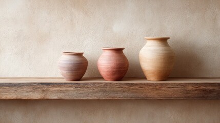 Three handcrafted ceramic pots in varying sizes displayed on a rustic wooden shelf against a textured beige wall, showcasing artisanal craftsmanship