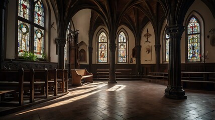 Obraz premium Gothic European church-turned-home interior, dramatic and artistic