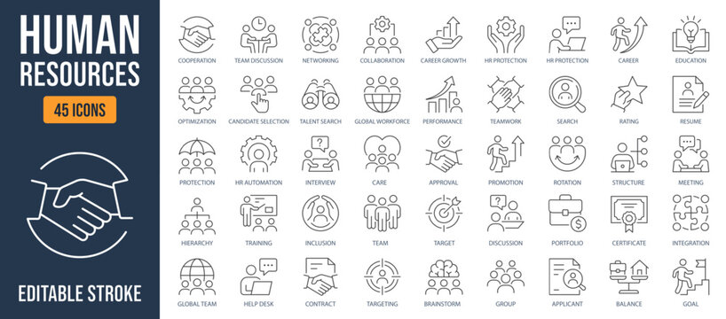 Human resources icons, such as recruitment, teamwork, employee, management, job and more. Editable stroke.