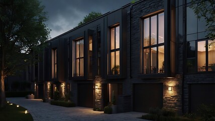 Fototapeta premium Gothic-inspired terrace houses, dark stone, dramatic lighting, moody 3D render