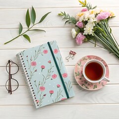 cup of tea, note book, simple bouquet and a eyewear from the top view