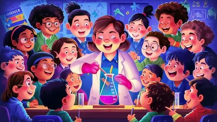 A close-up zoom on a cheerful teacher in a lab coat demonstrating a science experiment with a glowing flask to her captivated students