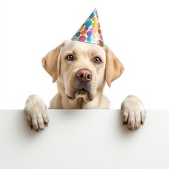 A happy Labrador Retriever dog wearing a party hat, with a blank sign in front