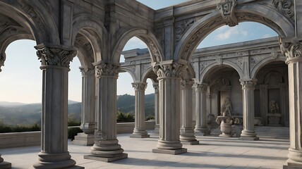 Fototapeta premium Grayscale terrace rendering, European classical style, carved stone columns, overhead perspective