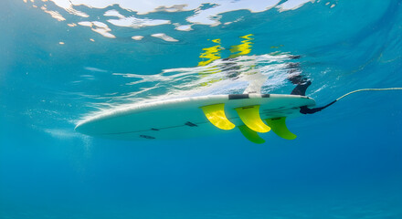 Underwater view of a white surfboard with bright yellow fins slicing through clear blue ocean water, showcasing the underside and fins.