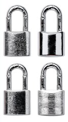 Various styles of shiny metal padlocks arranged in a grid on a simple white background