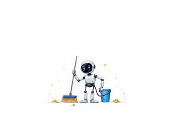 Robot character cleaning with broom and bucket on white background -  