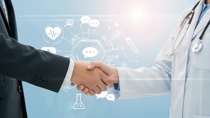 Business Deal in Healthcare: Doctor and Executive Handshake with Medical Technology Icons - Collaboration, Partnership, Innovation, and Future Medicine Concept - Powered by Adobe