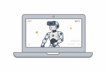 Robot wearing virtual reality headset on computer screen  