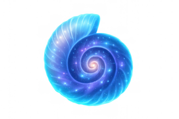 Glowing blue nautilus shell containing a swirling galaxy, transparent background, perfect for fantasy and sci-fi projects