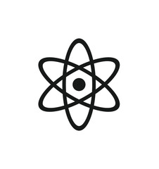 Simple black and white illustration of an atom with orbiting electrons around a central nucleus.