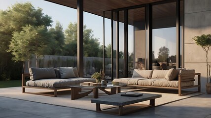 Glass railing terrace with polished concrete floor, minimalist furniture, 3D realistic style