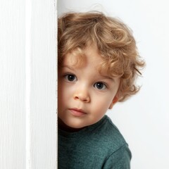 A Curious Toddler Peeking Around a Door. A portrait of a young child peeking from behind the white door frame, staring directly at the camera