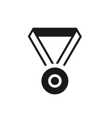 A simple black and white icon depicting a medal with a ribbon, symbolizing achievement or victory.