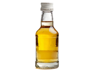 Small bottle of golden liquid isolated on black background, Isolated On White Background, Png Transparent