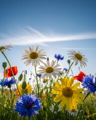 A photograph of a vibrant meadow brimming with
wildflowers under a soft sunrise glow