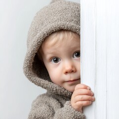 A curious and adorable toddler peeking from behind a door