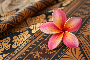 Closeup flower on batik sarong pattern background in Thailand
