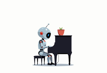 Fototapeta premium Robot playing piano with a plant on top in minimalist style 