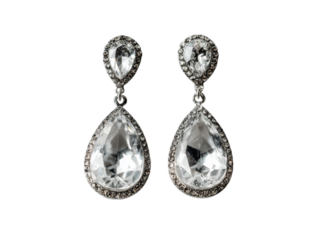 Elegant pear shaped crystal drop earrings silver setting, Isolated On White Background, Png Transparent