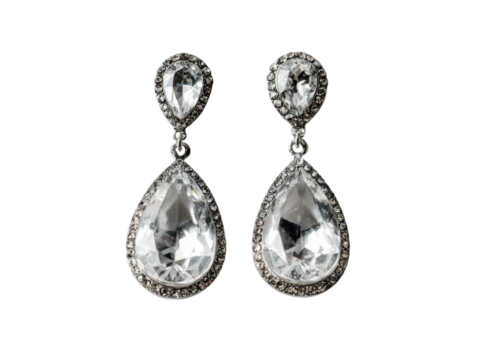 Elegant pear shaped crystal drop earrings silver setting, Isolated On White Background, Png Transparent