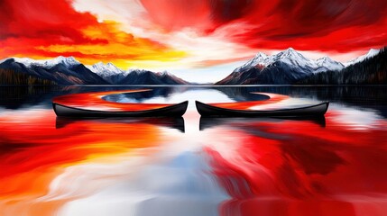 A serene lake scene features two canoes floating on calm water with a dramatic sunset over snow-capped mountains