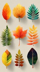 Colorful collection of autumn leaves on a textured background showcasing various shapes and colors