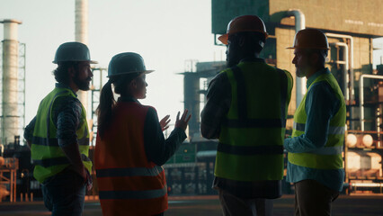 Industrial engineers discussing project in a refinery plant