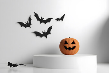 Floating podium mockup with spooky pumpkin shadow on the wall.