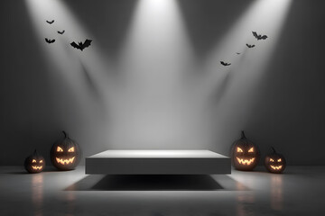 Floating podium mockup with spooky pumpkin shadow on the wall.