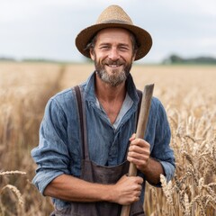 A smiling farmer posing in a golden wheat field, holding a tool. He's wearing a hat and overalls, epitomizing rural life