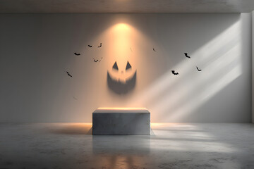 Floating podium mockup with spooky pumpkin shadow on the wall.
