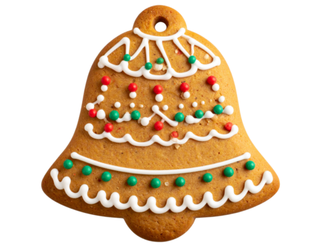 Christmas Bell Cookie with Icing Decorations, isolated on transparent PNG