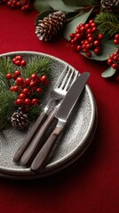 Festive table setting with silverware, greenery, and red berries on a textured plate