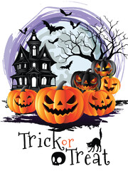 Spooky Halloween Night with Pumpkins and Haunted House