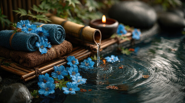 A serene garden setting features a calm pond with blue flowers and soft towels. Gentle water flows from a bamboo spout as a candle flickers nearby, creating a peaceful atmosphere