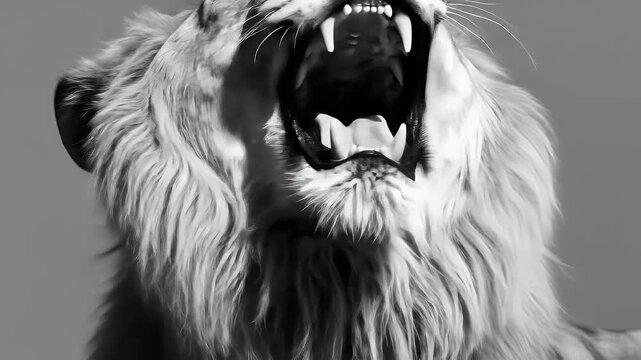 Monochrome close-up of roaring lion for dramatic wildlife intensity shot