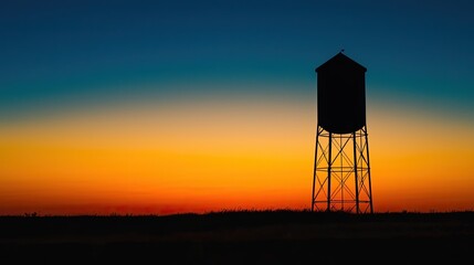 Silhouette of a water tower at sunset.