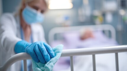 A woman in her 30s wearing gloves and a mask is cleaning the bed rails of a hospital bed with a disinfectant wipe while a patient sleeps nearby in a sterile setting